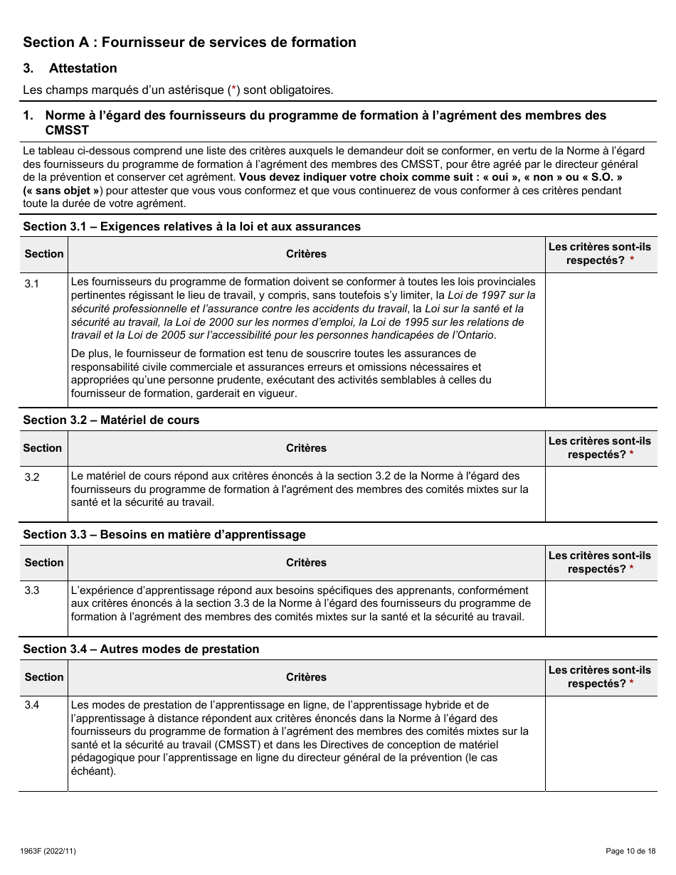 Forme 1963F Demande Daccreditation DES Fournisseurs Du Programme De Formation a Lagrement DES Membres DES Comites Mixtes Sur La Sante Et La Securite Au Travail (Cmsst) - Ontario, Canada (French), Page 10
