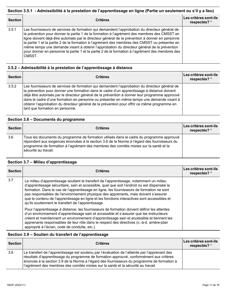 Forme 1963F Demande Daccreditation DES Fournisseurs Du Programme De Formation a Lagrement DES Membres DES Comites Mixtes Sur La Sante Et La Securite Au Travail (Cmsst) - Ontario, Canada (French), Page 11