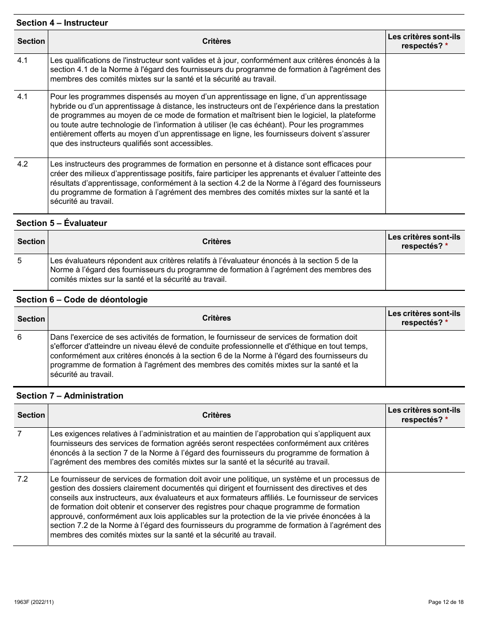 Forme 1963F Demande Daccreditation DES Fournisseurs Du Programme De Formation a Lagrement DES Membres DES Comites Mixtes Sur La Sante Et La Securite Au Travail (Cmsst) - Ontario, Canada (French), Page 12