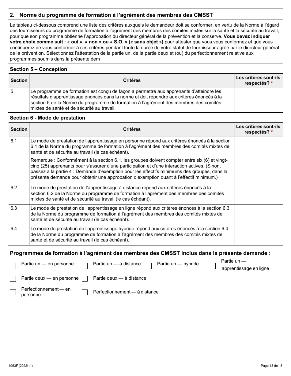Forme 1963F Demande Daccreditation DES Fournisseurs Du Programme De Formation a Lagrement DES Membres DES Comites Mixtes Sur La Sante Et La Securite Au Travail (Cmsst) - Ontario, Canada (French), Page 13