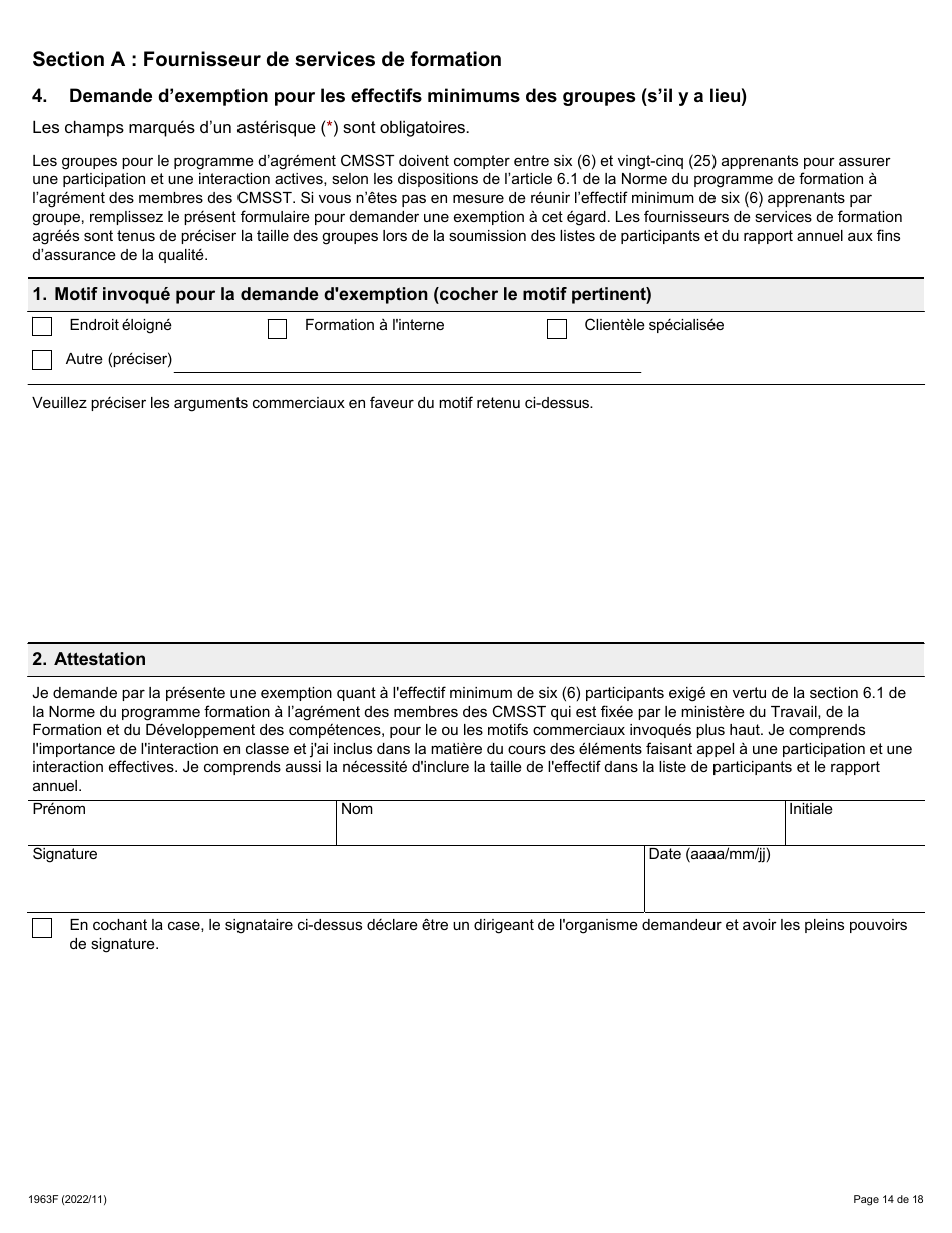 Forme 1963F Demande Daccreditation DES Fournisseurs Du Programme De Formation a Lagrement DES Membres DES Comites Mixtes Sur La Sante Et La Securite Au Travail (Cmsst) - Ontario, Canada (French), Page 14