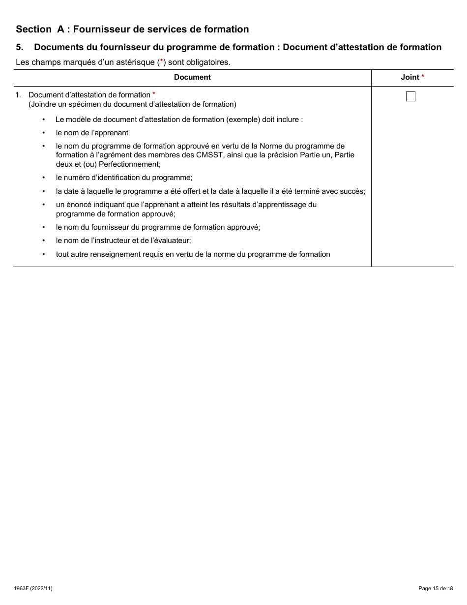 Forme 1963F Demande Daccreditation DES Fournisseurs Du Programme De Formation a Lagrement DES Membres DES Comites Mixtes Sur La Sante Et La Securite Au Travail (Cmsst) - Ontario, Canada (French), Page 15