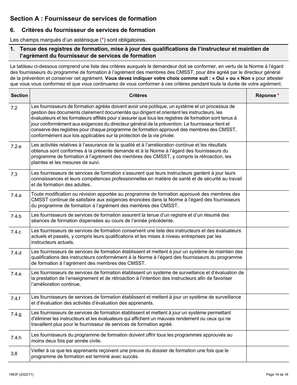 Forme 1963F Demande Daccreditation DES Fournisseurs Du Programme De Formation a Lagrement DES Membres DES Comites Mixtes Sur La Sante Et La Securite Au Travail (Cmsst) - Ontario, Canada (French), Page 16