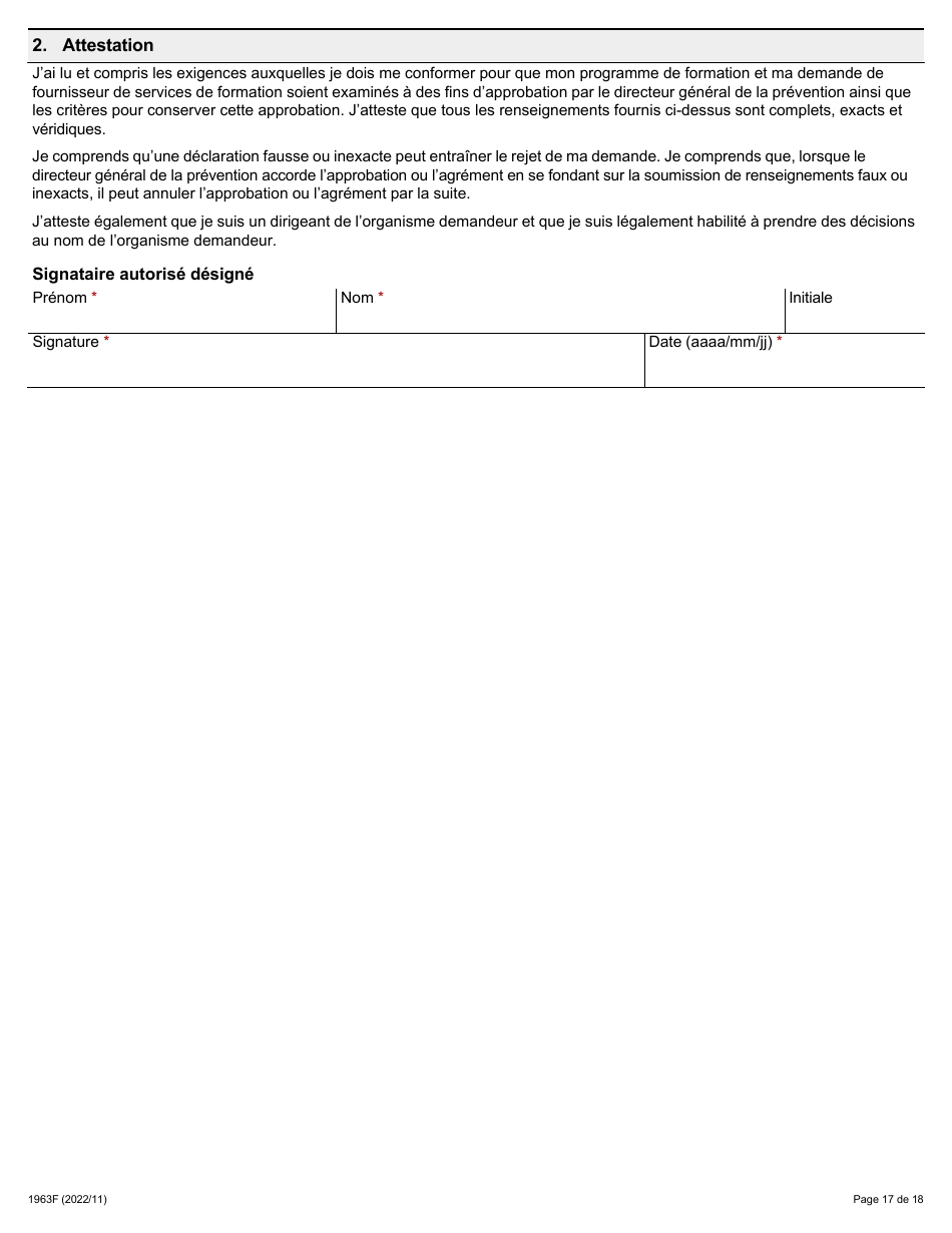 Forme 1963F Demande Daccreditation DES Fournisseurs Du Programme De Formation a Lagrement DES Membres DES Comites Mixtes Sur La Sante Et La Securite Au Travail (Cmsst) - Ontario, Canada (French), Page 17