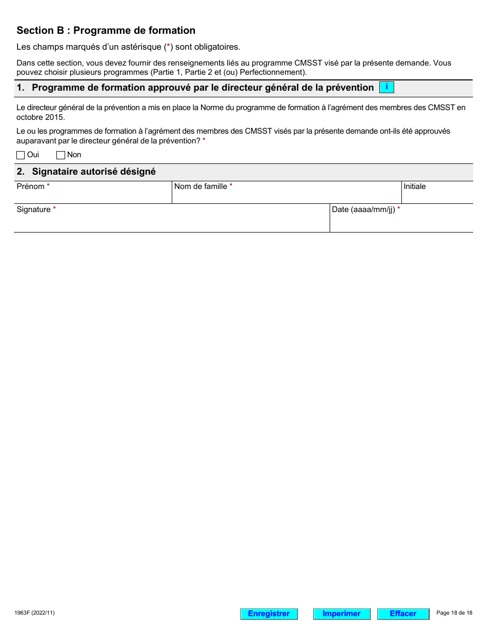 Forme 1963F Demande Daccreditation DES Fournisseurs Du Programme De Formation a Lagrement DES Membres DES Comites Mixtes Sur La Sante Et La Securite Au Travail (Cmsst) - Ontario, Canada (French), Page 18