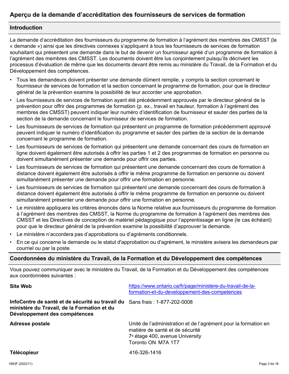 Forme 1963F Demande Daccreditation DES Fournisseurs Du Programme De Formation a Lagrement DES Membres DES Comites Mixtes Sur La Sante Et La Securite Au Travail (Cmsst) - Ontario, Canada (French), Page 3