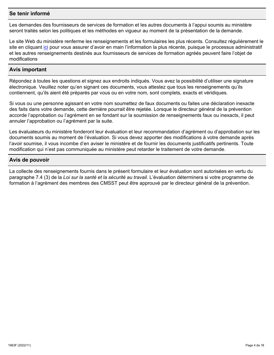 Forme 1963F Demande Daccreditation DES Fournisseurs Du Programme De Formation a Lagrement DES Membres DES Comites Mixtes Sur La Sante Et La Securite Au Travail (Cmsst) - Ontario, Canada (French), Page 4