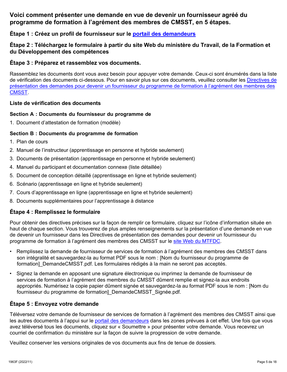 Forme 1963F Demande Daccreditation DES Fournisseurs Du Programme De Formation a Lagrement DES Membres DES Comites Mixtes Sur La Sante Et La Securite Au Travail (Cmsst) - Ontario, Canada (French), Page 5
