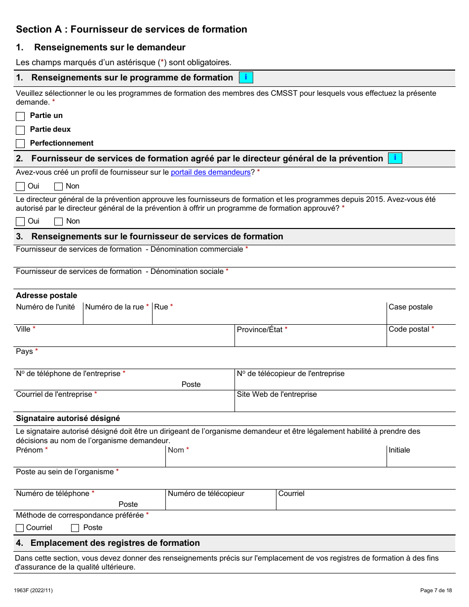 Forme 1963F Demande Daccreditation DES Fournisseurs Du Programme De Formation a Lagrement DES Membres DES Comites Mixtes Sur La Sante Et La Securite Au Travail (Cmsst) - Ontario, Canada (French), Page 7
