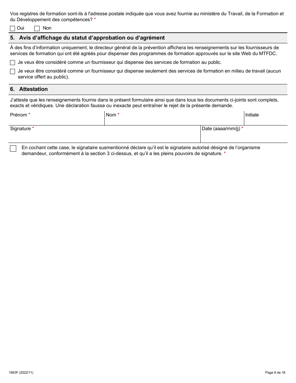 Forme 1963F Demande Daccreditation DES Fournisseurs Du Programme De Formation a Lagrement DES Membres DES Comites Mixtes Sur La Sante Et La Securite Au Travail (Cmsst) - Ontario, Canada (French), Page 8