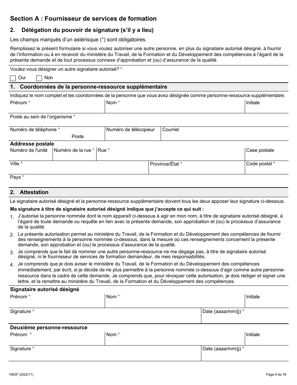 Forme 1963F Demande Daccreditation DES Fournisseurs Du Programme De Formation a Lagrement DES Membres DES Comites Mixtes Sur La Sante Et La Securite Au Travail (Cmsst) - Ontario, Canada (French), Page 9