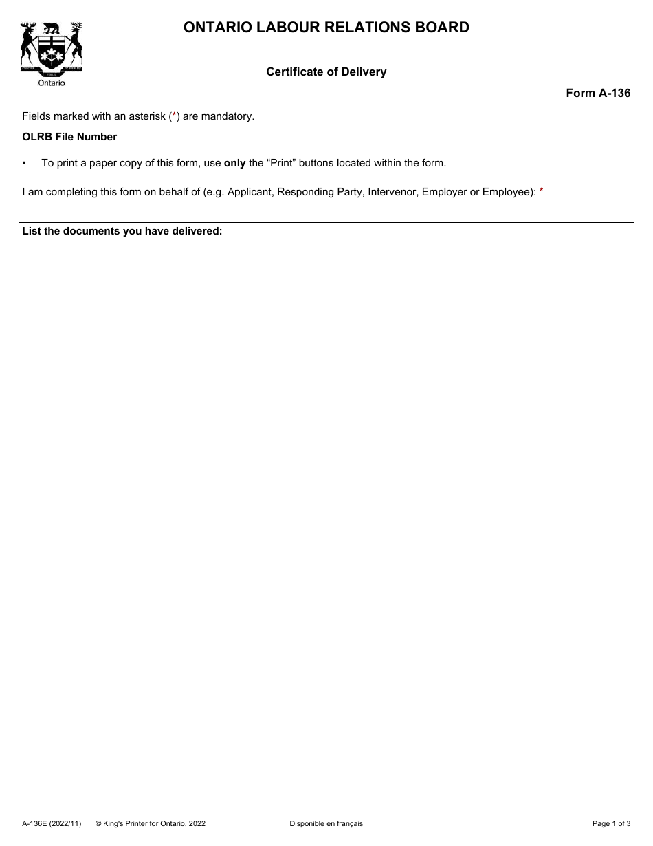 Form A-136 Certificate of Delivery - Ontario, Canada, Page 1
