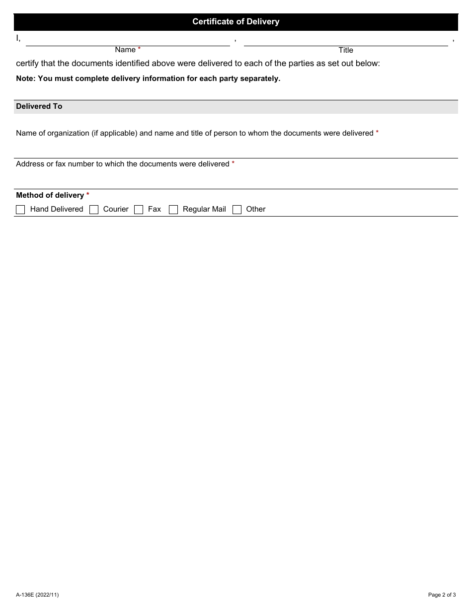 Form A-136 Certificate of Delivery - Ontario, Canada, Page 2