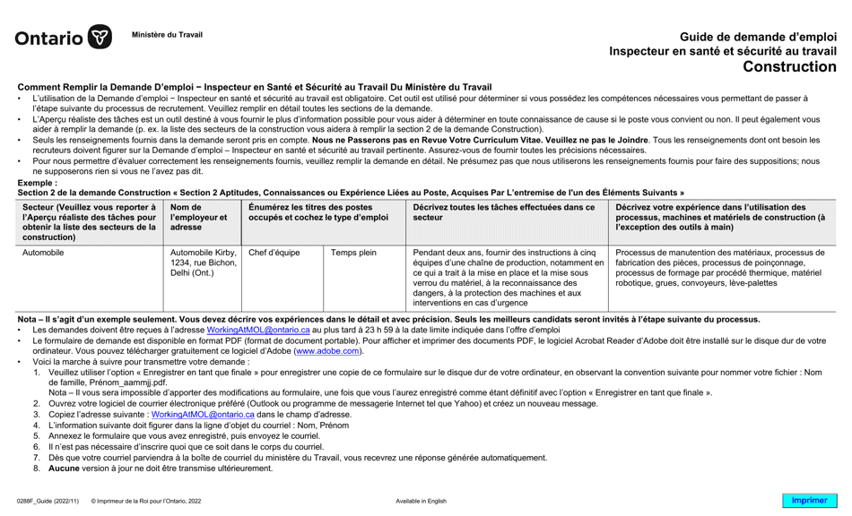 Instruction pour Forme 0288F Demande Demploi Inspecteur En Sante Et Securite Au Travail Construction - Ontario, Canada (French), Page 1