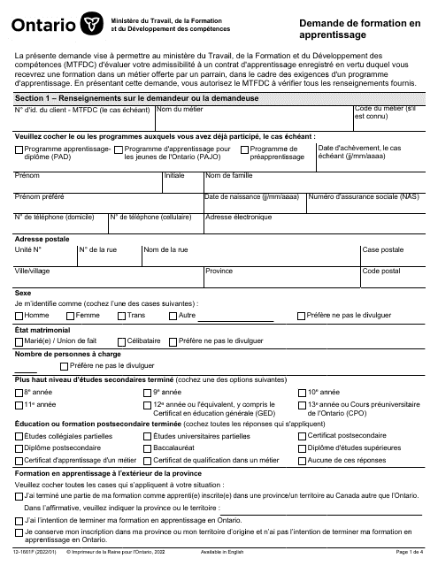 Form 12-1661F Demande De Formation En Apprentissage - Ontario, Canada
