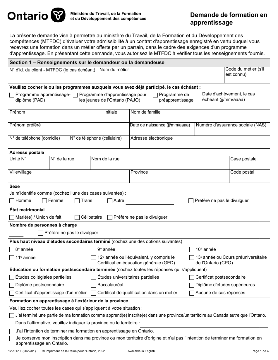 Form 12-1661F Demande De Formation En Apprentissage - Ontario, Canada, Page 1