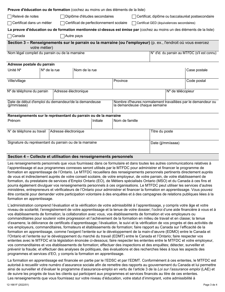 Form 12-1661F Demande De Formation En Apprentissage - Ontario, Canada, Page 3
