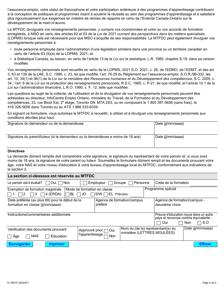 Form 12-1661F Demande De Formation En Apprentissage - Ontario, Canada, Page 4