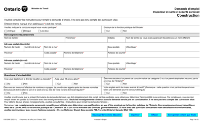 Document preview: Forme 016-0288F Demande D'emploi Inspecteur En Sante Et Securite Au Travail Construction - Ontario, Canada (French)