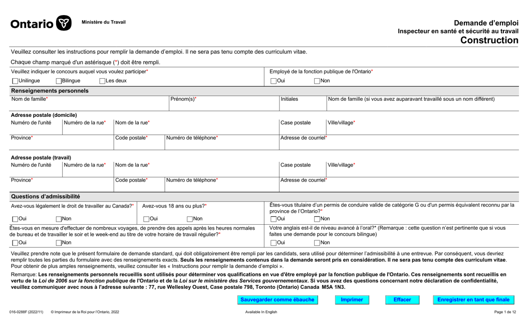 Forme 016-0288F Demande D'emploi Inspecteur En Sante Et Securite Au Travail Construction - Ontario, Canada (French)