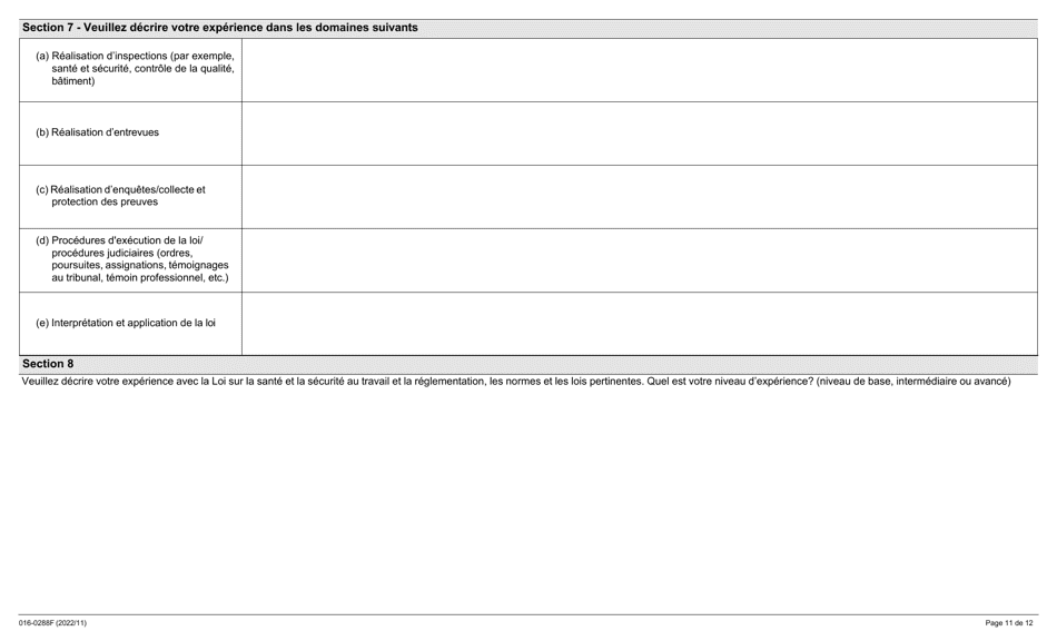 Forme 016-0288F Demande Demploi Inspecteur En Sante Et Securite Au Travail Construction - Ontario, Canada (French), Page 11