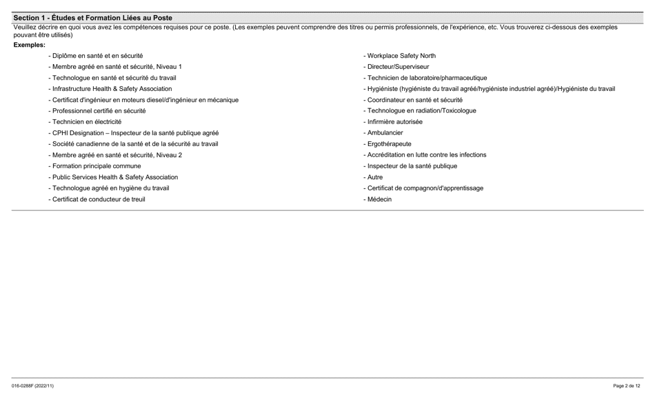 Forme 016-0288F Demande Demploi Inspecteur En Sante Et Securite Au Travail Construction - Ontario, Canada (French), Page 2