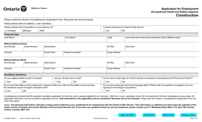 Form 016-0288E Application for Employment Occupational Health and Safety Inspector Construction - Ontario, Canada