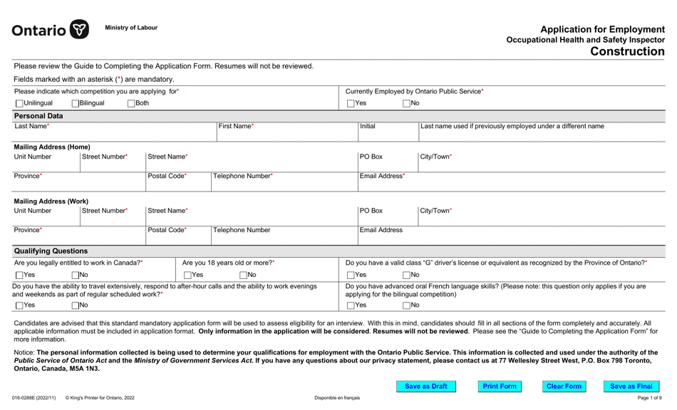 Form 016-0288E Application for Employment Occupational Health and Safety Inspector Construction - Ontario, Canada, Page 1