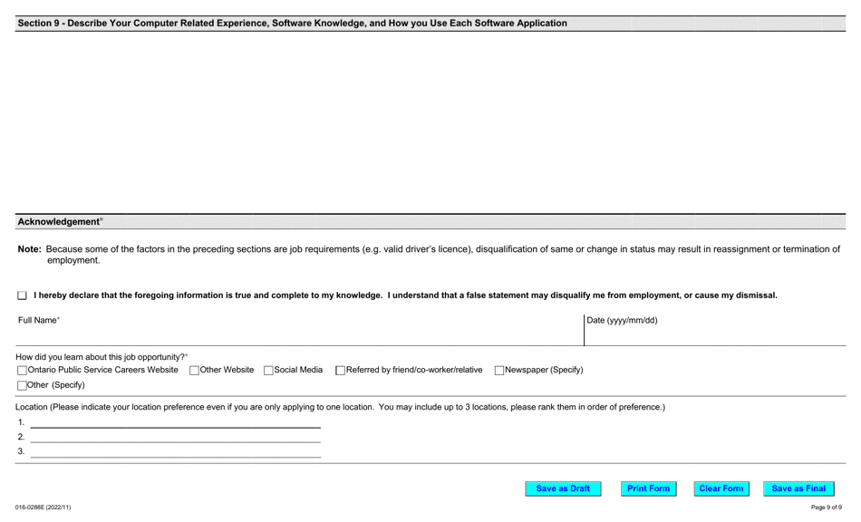 Form 016-0288E Application for Employment Occupational Health and Safety Inspector Construction - Ontario, Canada, Page 9