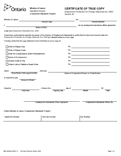 Form MOL-ES-060 Certificate of True Copy - Ontario, Canada