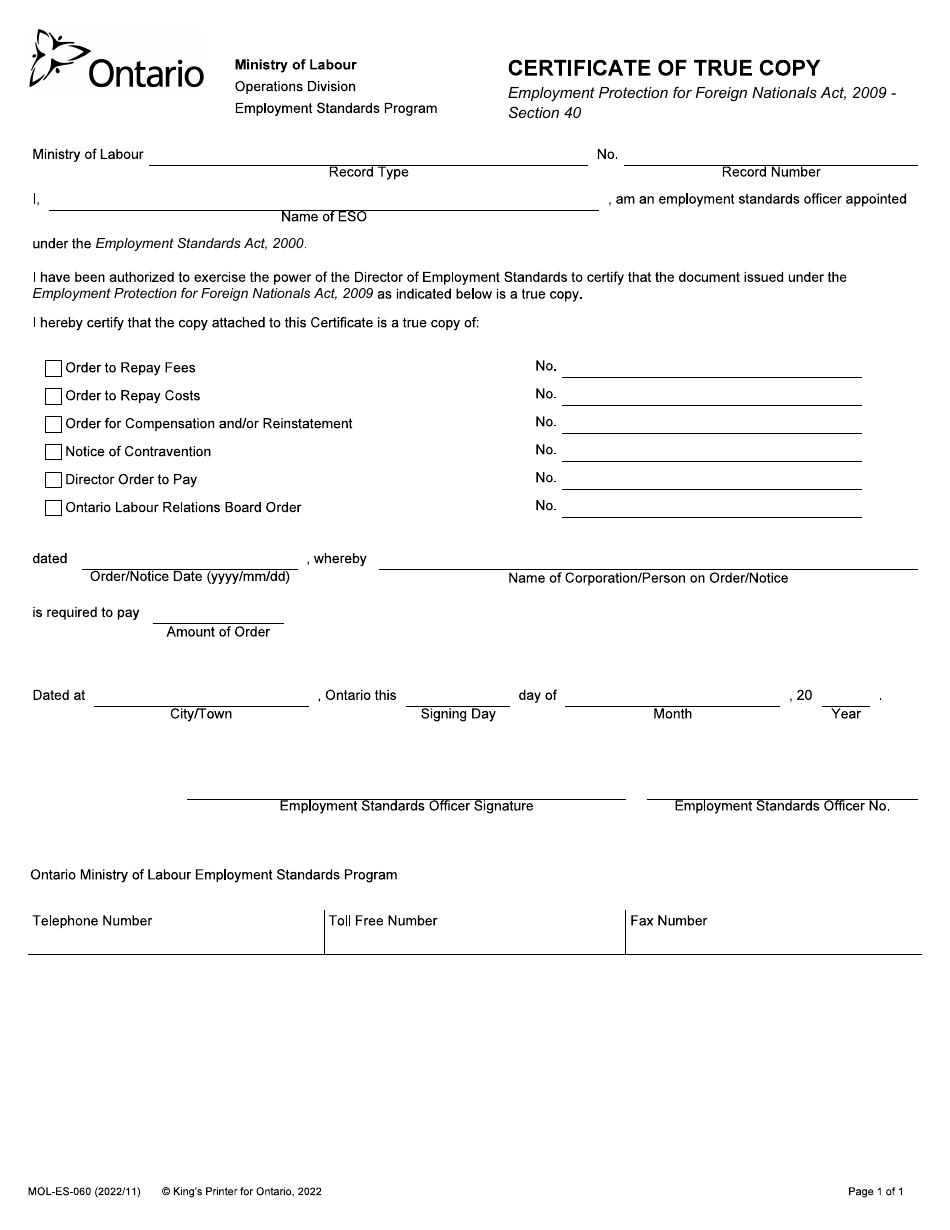 Form MOL-ES-060 Certificate of True Copy - Ontario, Canada, Page 1