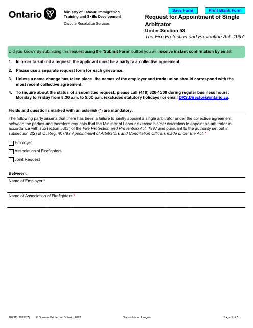 Form 2023E Request for Appointment of Single Arbitrator Under Section 53 - Ontario, Canada