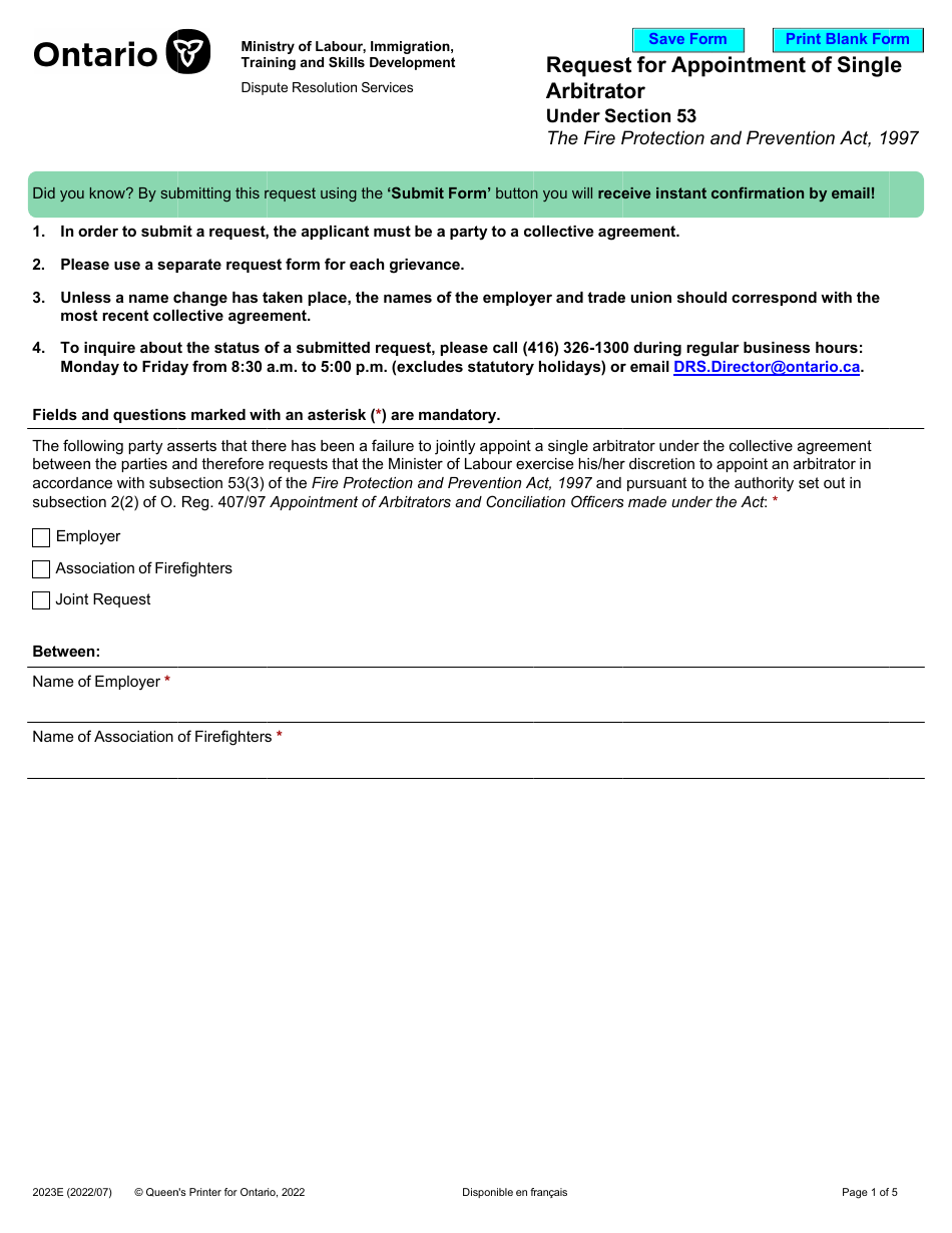 Form 2023E Request for Appointment of Single Arbitrator Under Section 53 - Ontario, Canada, Page 1