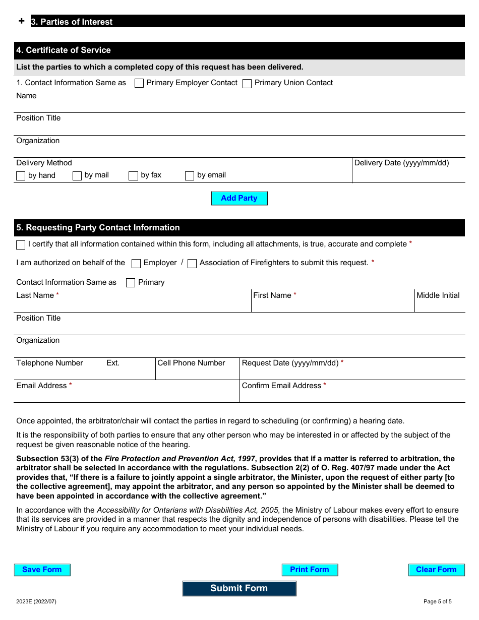 Form 2023E Request for Appointment of Single Arbitrator Under Section 53 - Ontario, Canada, Page 5