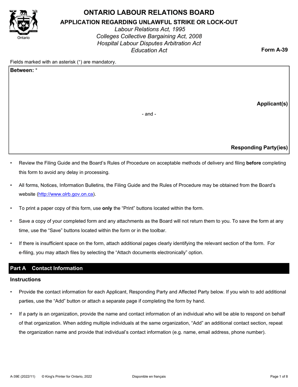 Form A-39 Application Regarding Unlawful Strike or Lock-Out - Ontario, Canada, Page 1