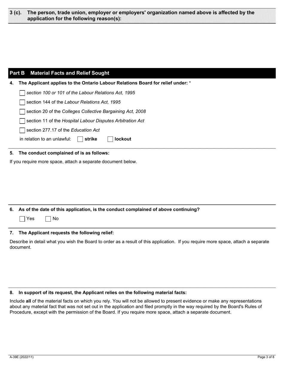 Form A-39 Application Regarding Unlawful Strike or Lock-Out - Ontario, Canada, Page 3