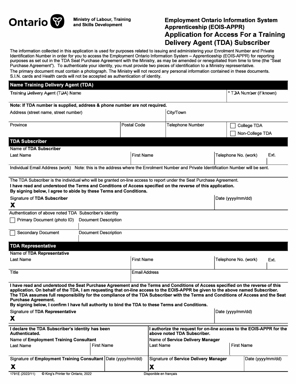 Form 1791E Application for Access Training Delivery Agent (Tda) Subscriber - Ontario, Canada, Page 1