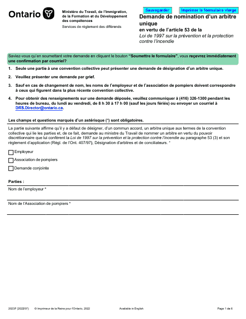 Forme 2023F Demande De Nomination D'un Arbitre Unique - Ontario, Canada (French)