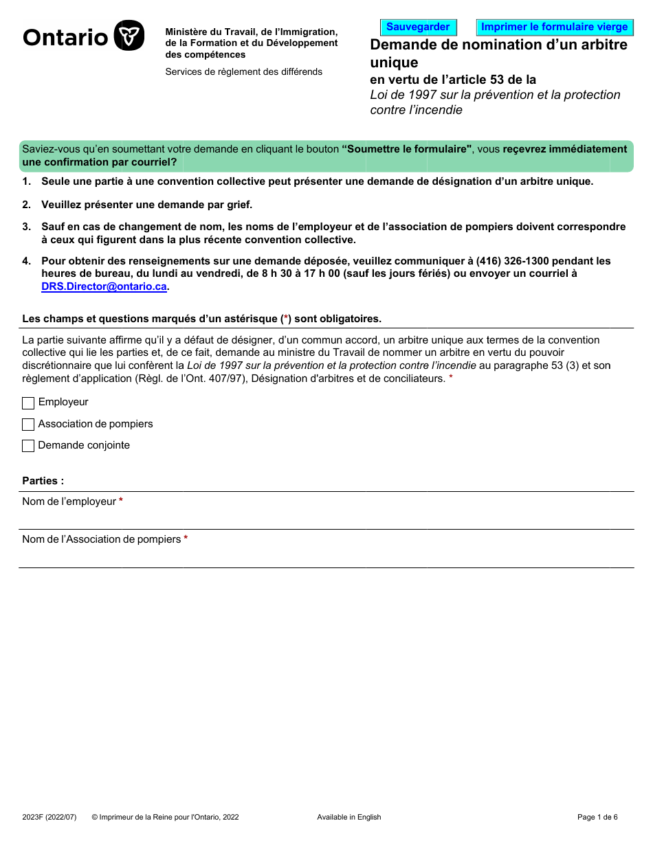 Forme 2023F Demande De Nomination Dun Arbitre Unique - Ontario, Canada (French), Page 1