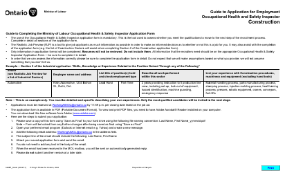 Document preview: Instructions for Form 016-0288E Application for Employment Occupational Health and Safety Inspector - Construction - Ontario, Canada