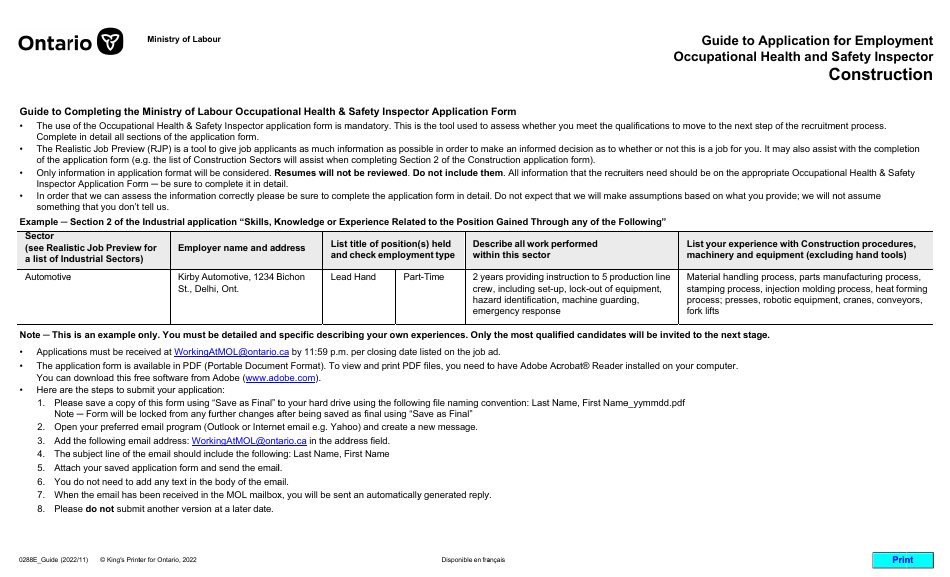 Instructions for Form 016-0288E Application for Employment Occupational Health and Safety Inspector - Construction - Ontario, Canada, Page 1