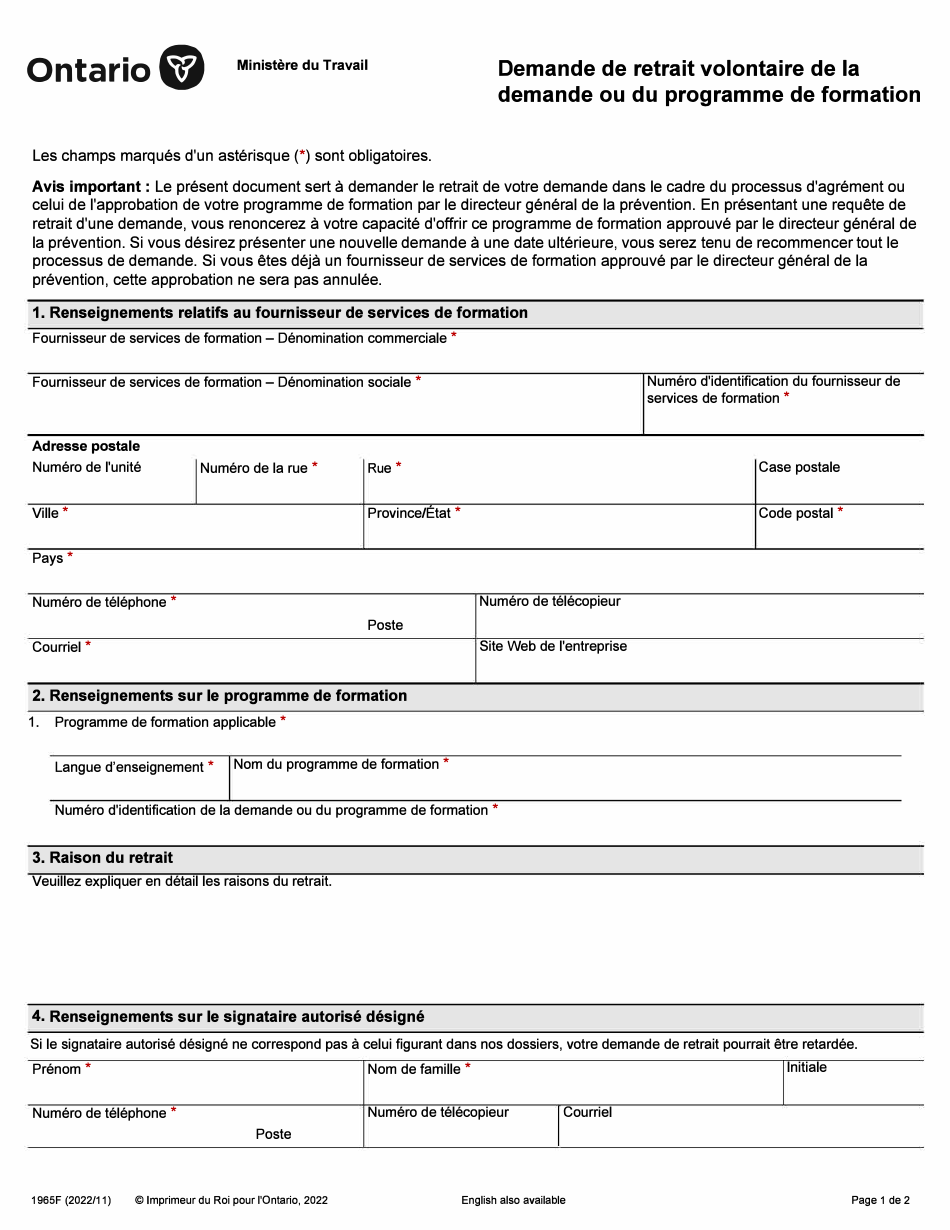 Forme 1965F Demande De Retrait Volontaire De La Demande Ou Du Programme De Formation - Ontario, Canada (French), Page 1