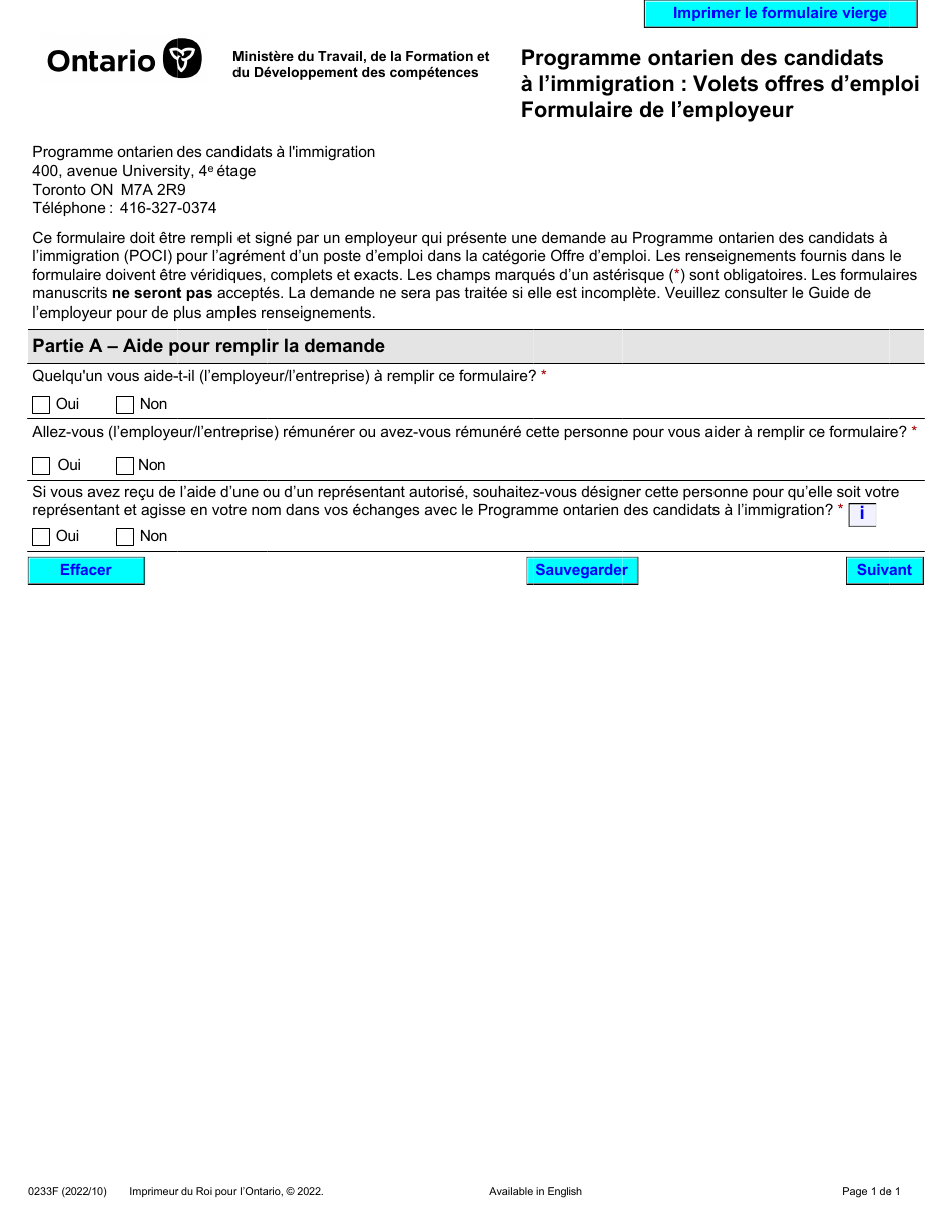 Forme 0233F Programme Ontarien DES Candidats a Limmigration: Volets Offres Demploi Formulaire De Lemployeur - Ontario, Canada (French), Page 1