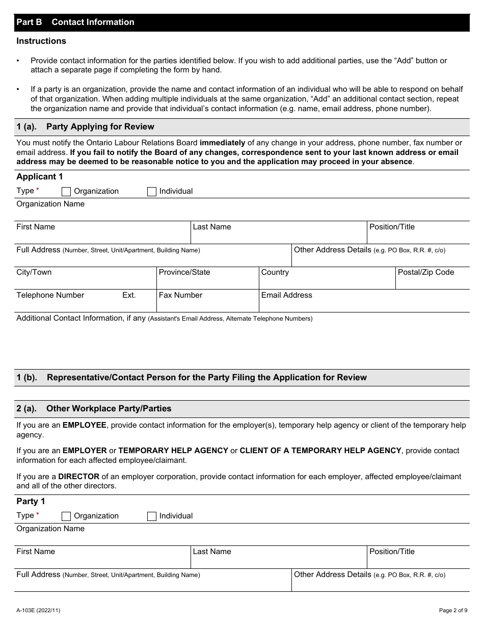 Form A-103 Application for Review - Ontario, Canada, Page 2
