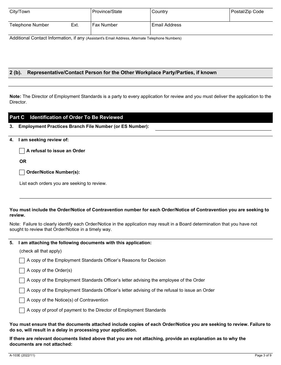 Form A-103 Application for Review - Ontario, Canada, Page 3