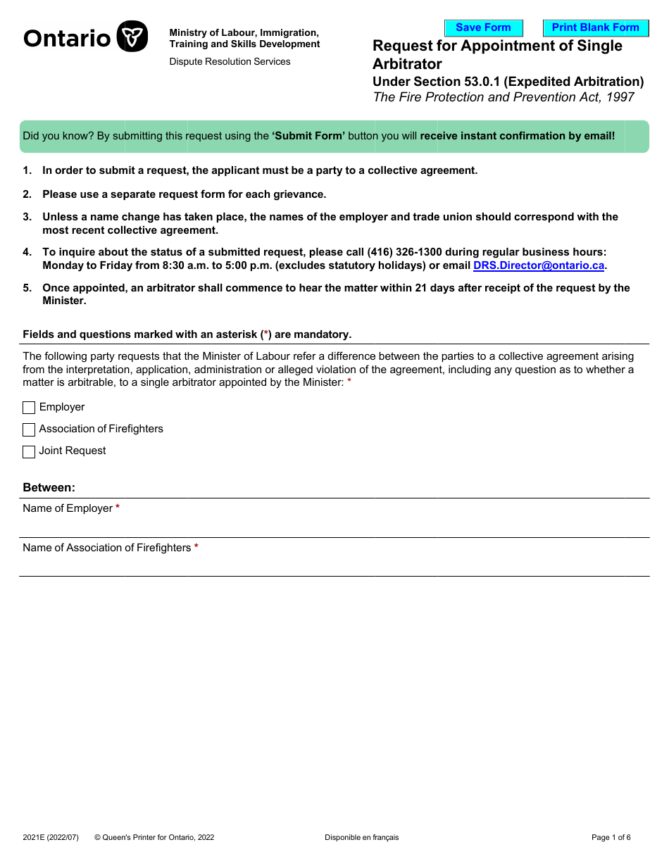 Form 2021E Request for Appointment of Single Arbitrator - Ontario, Canada, Page 1