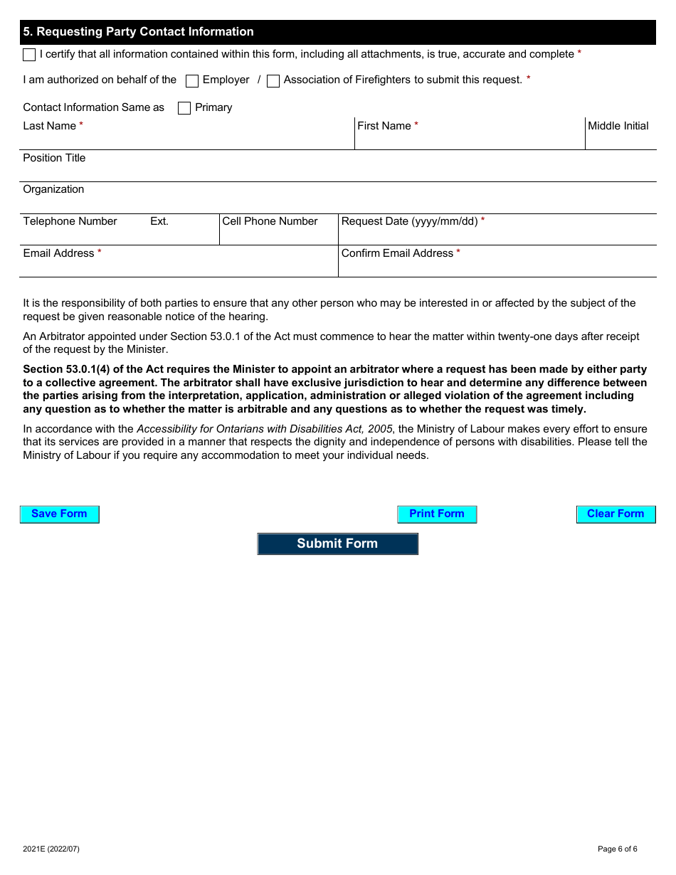 Form 2021E Request for Appointment of Single Arbitrator - Ontario, Canada, Page 6