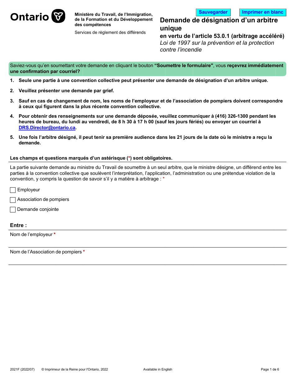 Forme 2021F Demande De Designation Dun Arbitre Unique - Ontario, Canada (French), Page 1