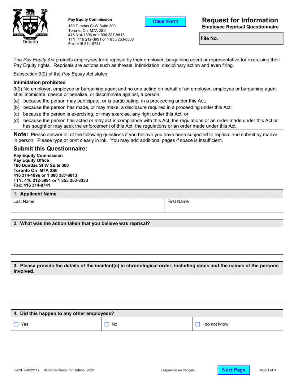 Form 0203E Request for Information - Employee Reprisal Questionnaire - Ontario, Canada, Page 1