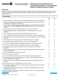 Document preview: Form 0287 Self-assessment Questionnaire for Candidates Interested in an Occupational Health and Safety Inspector Position - Ontario, Canada